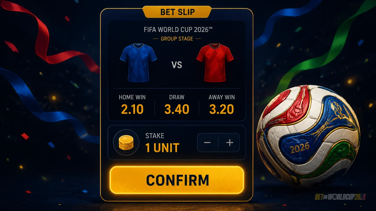 ワールドカップ試合ライン、10進オッズ、ステークユニットを含むベットスリップのイラスト